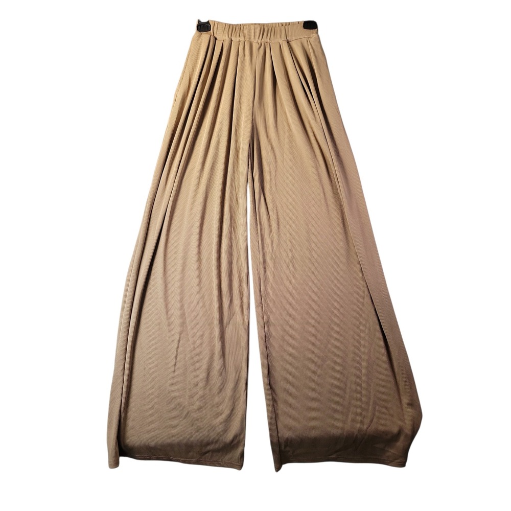 Cider‎ Womens XS Tan Ribbed Wide Leg Trousers High Rise Elastic Waist Office
